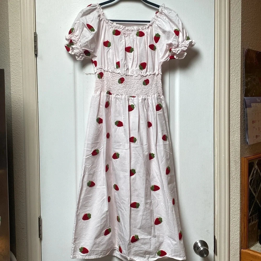 Strawberry Print Puff-Sleeve Midi Dress -M - Picture 5 of 6